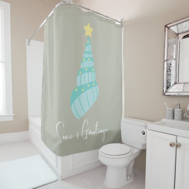 Coastal Seas and Greetings Shell Tree Shower Curtain (In Situ)