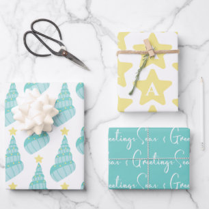 Coastal Seas and Greetings Shell With Initial Wrapping Paper Sheets