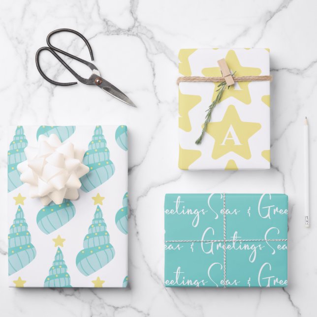 Coastal Seas and Greetings Shell With Initial Wrapping Paper Sheets (Front)