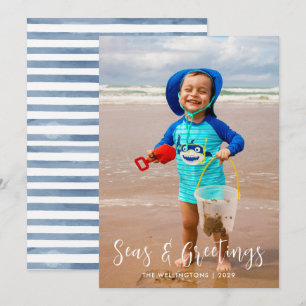 Coastal Seas and Greetings White Photo Flat Holiday Card