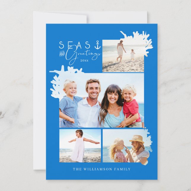 Coastal Seas & Greetings Blue Ocean Photo Frame Holiday Card (Front)