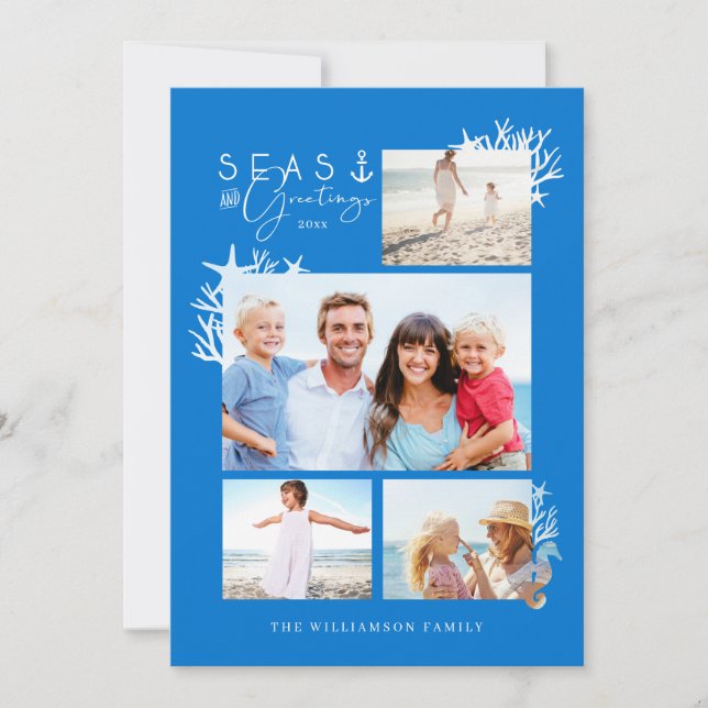Coastal Seas & Greetings Blue Ocean Photo Frame Holiday Card (Front)