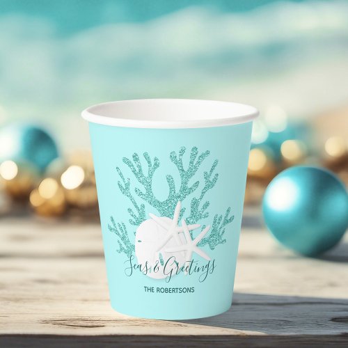 Coastal Seas  Greetings Christmas Beach Aqua Blue Paper Cups