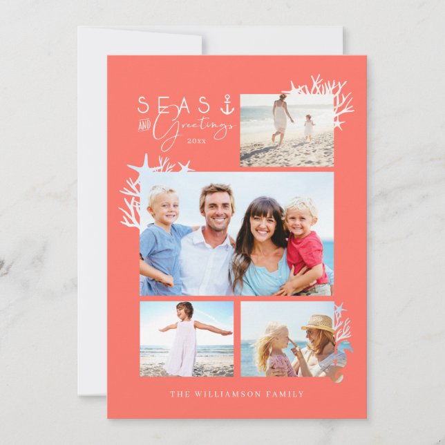 Coastal Seas & Greetings Coral Ocean Photo Frame Holiday Card (Front)
