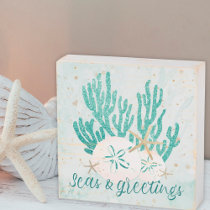 Coastal SEAS & GREETINGS Glitter Coral Starfish Wooden Box Sign