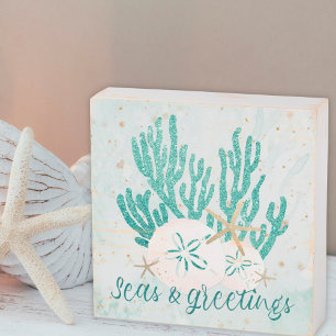 Coastal SEAS & GREETINGS Glitter Coral Starfish Wooden Box Sign