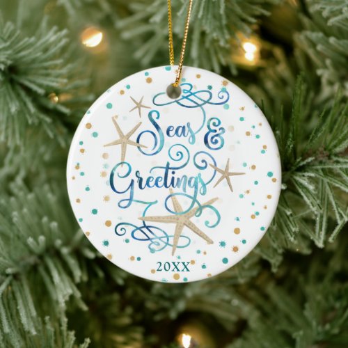 Coastal SEAS  GREETINGS Script Starfish Ceramic Ornament