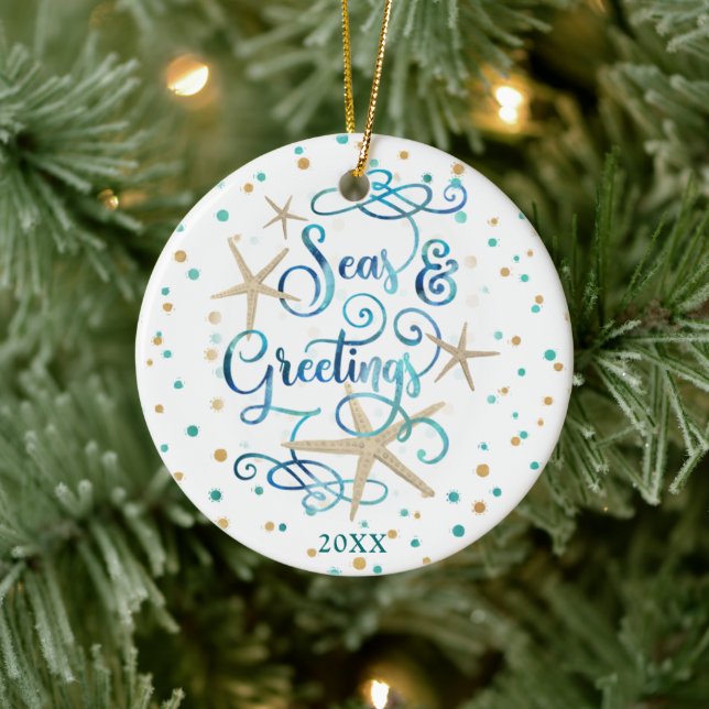 Coastal SEAS & GREETINGS Script Starfish Ceramic Ornament (Tree)