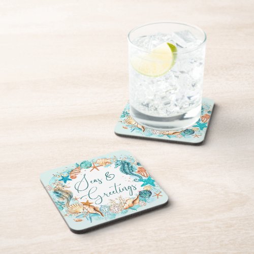 Coastal SEAS  GREETINGS Seahorse Shells Beverage Coaster