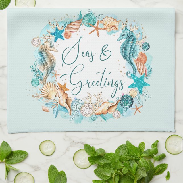 Coastal SEAS & GREETINGS Seahorse Shells Kitchen Towel (Folded)