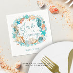 Coastal SEAS & GREETINGS Seahorse Shells Napkins<br><div class="desc">Coastal, beach or tropical themed Christmas holiday season personalized paper napkins featuring watercolor seahorses, starfish, shells and ornaments accented with faux glitter icons and the greeting SEAS & GREETINGS in modern handwritten script typography in turquoise, teal, golden brown and white on your choice of background color (shown in white). NAPKIN...</div>