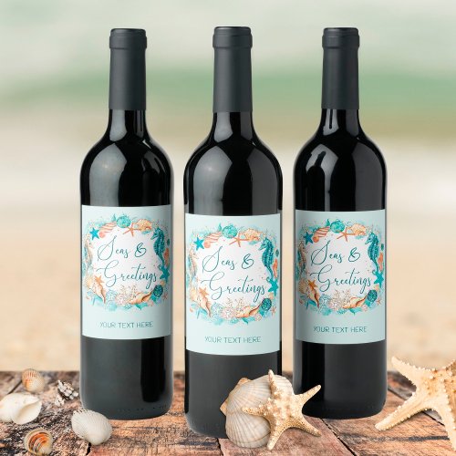 Coastal SEAS  GREETINGS Seahorse Shells Wine Label