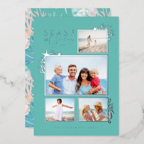 Coastal Seas  Greetings Teal Ocean Photo Frame Foil Holiday Card
