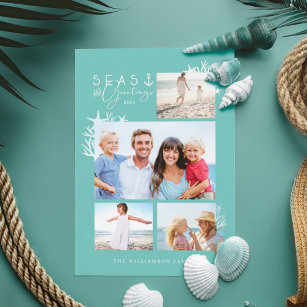 Coastal Seas & Greetings Teal Ocean Photo Frame Holiday Card