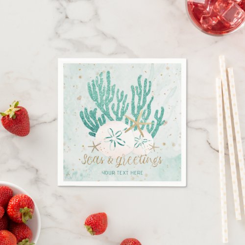 Coastal SEAS  Greetings Turquoise Glitter Coral Napkins