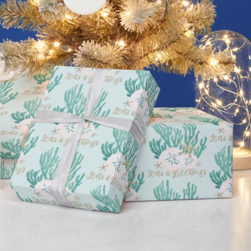 Coastal SEAS  Greetings Turquoise Glitter  Wrapping Paper