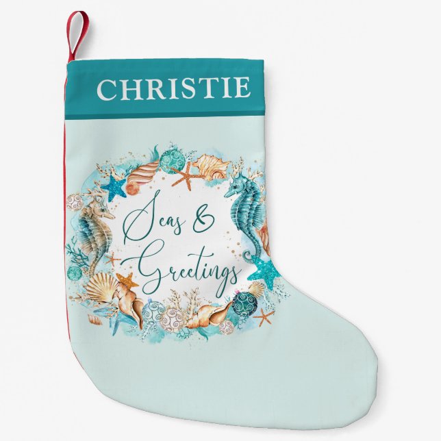 Coastal SEAS & GREETINGS Turquoise Personalized Small Christmas Stocking (Front)