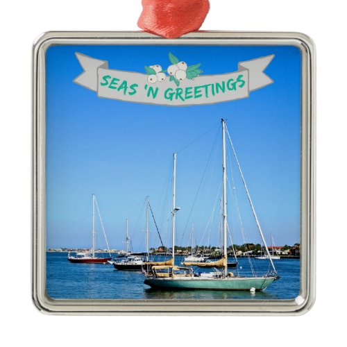Coastal Seas n Greetings Sailboats on the Bay Metal Ornament