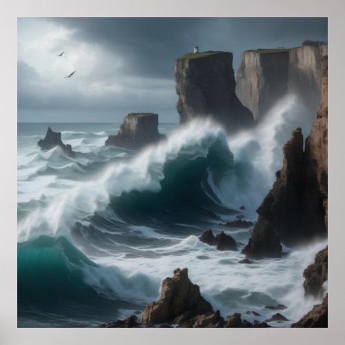 coastal seascape rugged cliffs crashing waves poster