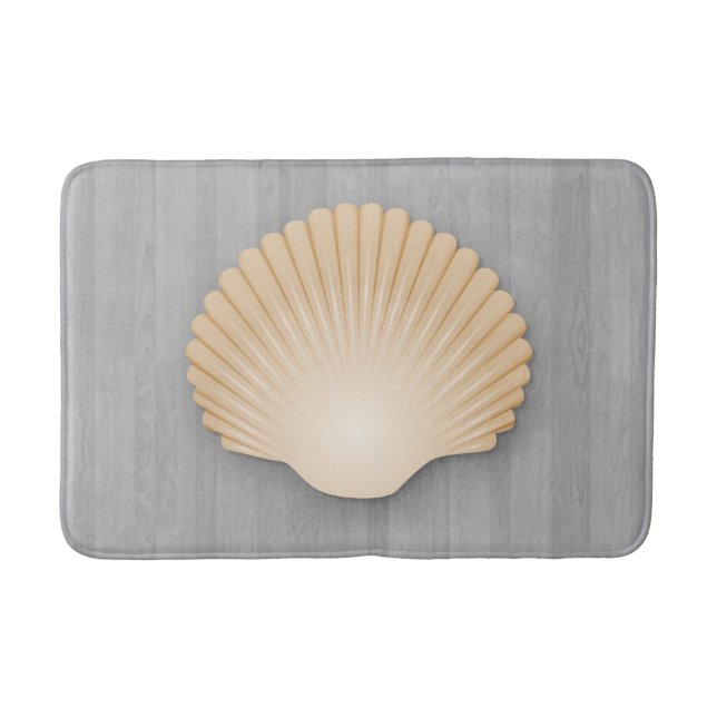 Coastal Seashell and Gray Wood Planks Bath Mat (Front)