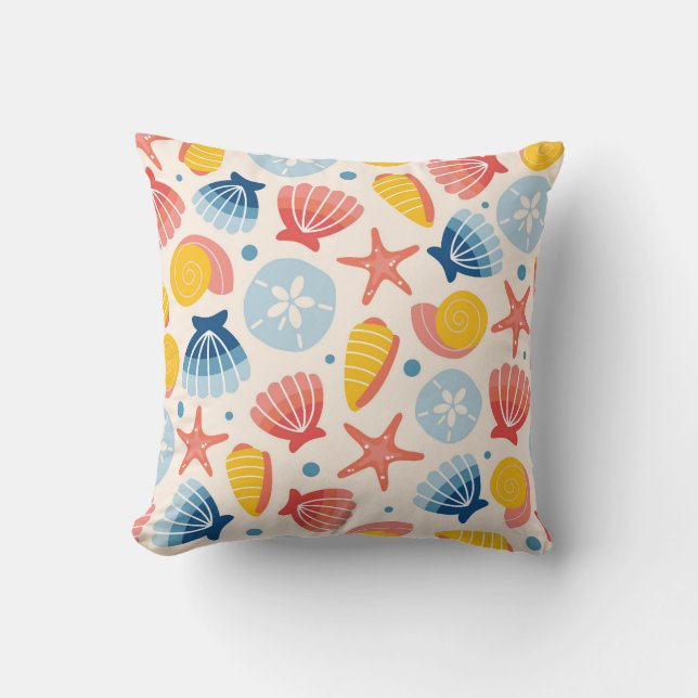Coastal Seashell and Starfish Pattern Throw Pillow (Front)