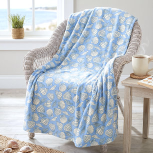Coastal Seashell Beach Cottage Blue Fleece Blanket