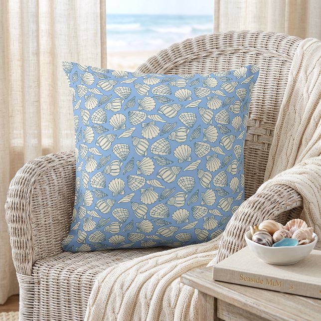 Coastal Seashell Beach Cottage Blue Throw Pillow (Creator Uploaded)