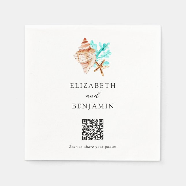 Coastal Seashell Beach Wedding QR Code Share Photo Napkins (Front)