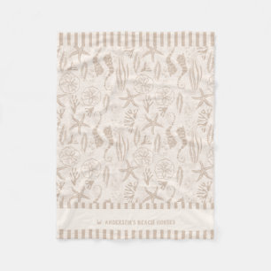 Coastal Seashell Beige Hand-Drawn Nautical Fleece Blanket