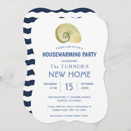 Coastal Seashell Blue Stripes Housewarming Party Invitation