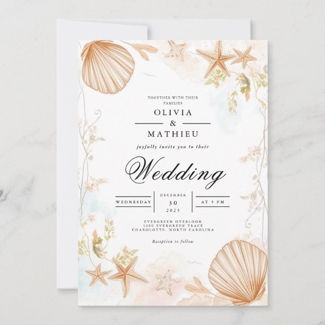 Coastal Seashell Botanical Romance Wedding Invitation (Front)