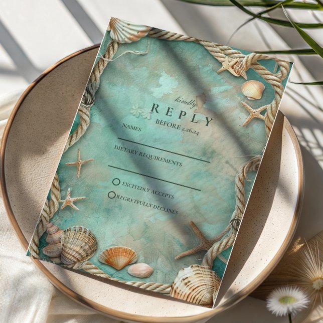 Coastal Seashell Botanical Wedding RSVP Card (Creator Uploaded)