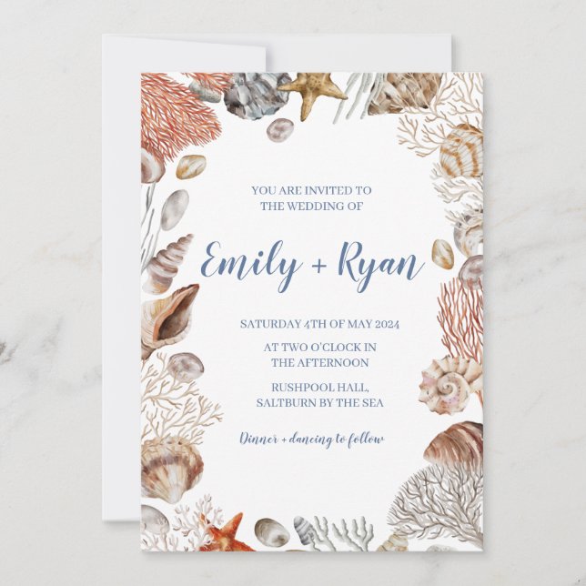 Coastal Seashell Coral Beach Wedding Invitation (Front)