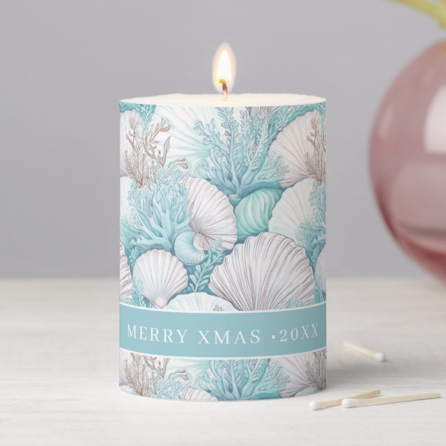 Coastal Seashell & Coral Pattern#3 ID1009 Pillar Candle (In Situ)