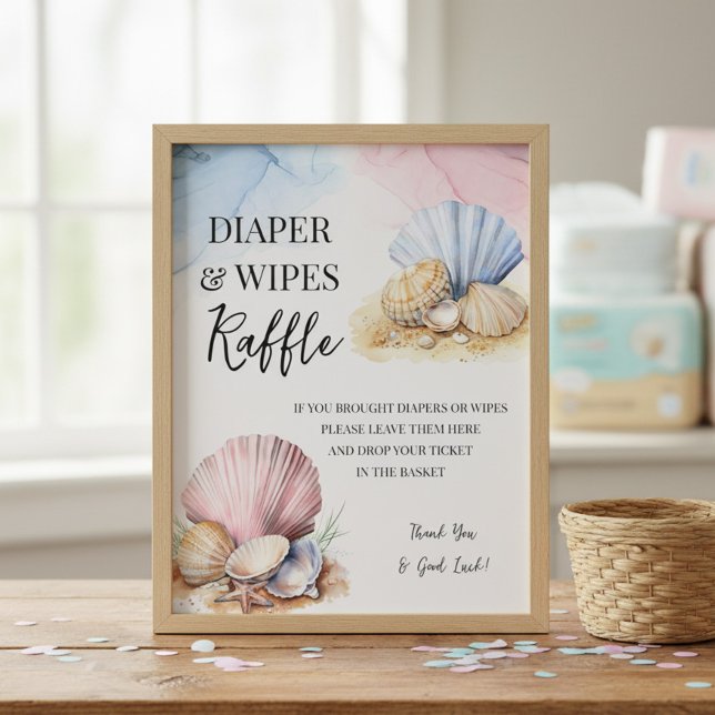 Coastal Seashell Diaper & Wipes Raffle Sign (Diaper & Wipes raffle poster from Coastal Gender Reveal - We Shell Sea collection by Darling & May)
