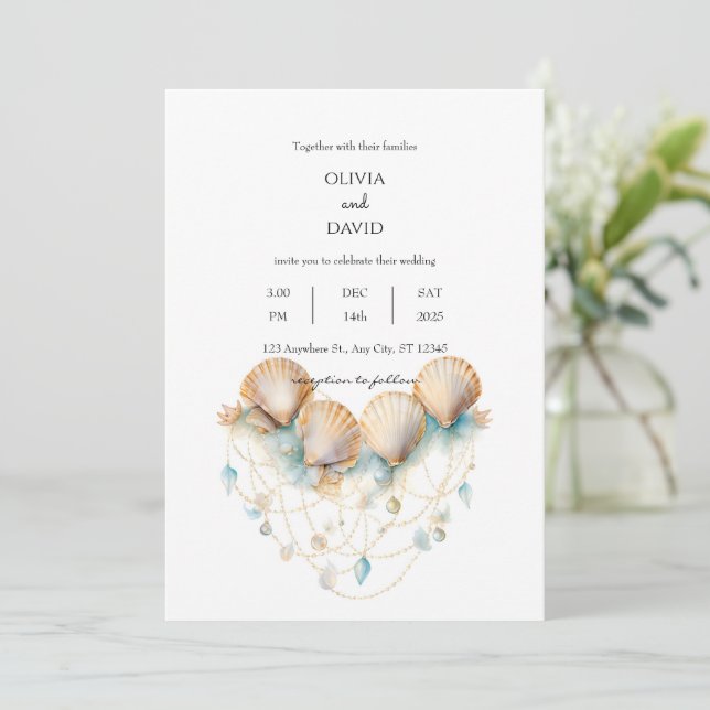 Coastal Seashell Garland Decor Beach Wedding Invitation (Standing Front)