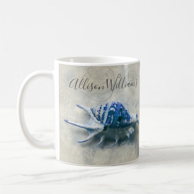 Coastal Seashell Indigo Blue Monogrammed Name Coffee Mug (Left)