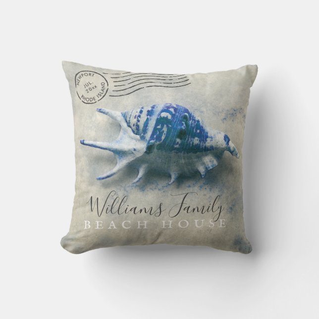 Coastal Seashell Indigo Blue Monogrammed Name Throw Pillow (Front)