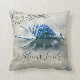 Coastal Seashell Indigo Blue Monogrammed Name Throw Pillow
