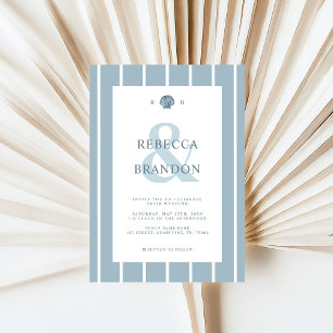 Coastal Seashell Monogram Blue QR Code Wedding Invitation