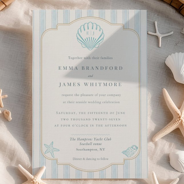 Coastal Seashell Monogram Nautical Striped Wedding Invitation (Creator Uploaded)
