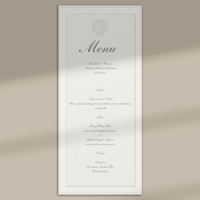 Coastal Seashell Nautical Formal Ecru Wedding Menu (modern classic wedding menu coastal nautical shell ecru script formal traditional elegant)