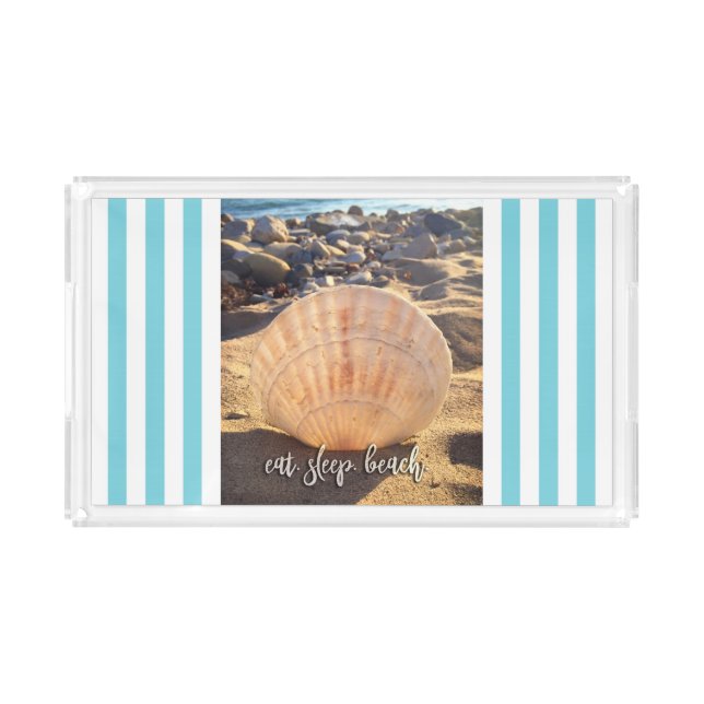 Coastal Seashell Photo Eat Sleep Beach Script Chic Acrylic Tray (Front)