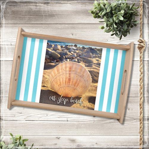 Coastal Seashell Photo Eat Sleep Beach Script Chic Serving Tray