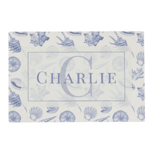 Coastal Seashell Sketch   Custom Monogram Dog Cat  Placemat