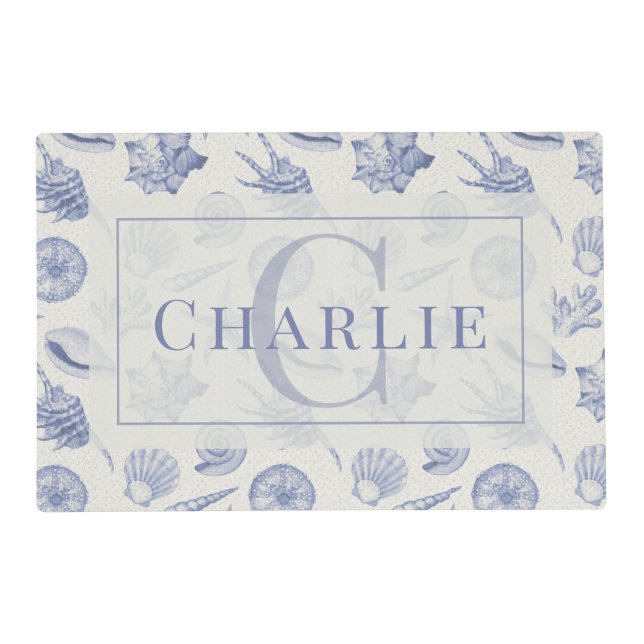 Coastal Seashell Sketch | Custom Monogram Dog Cat  Placemat (Front)