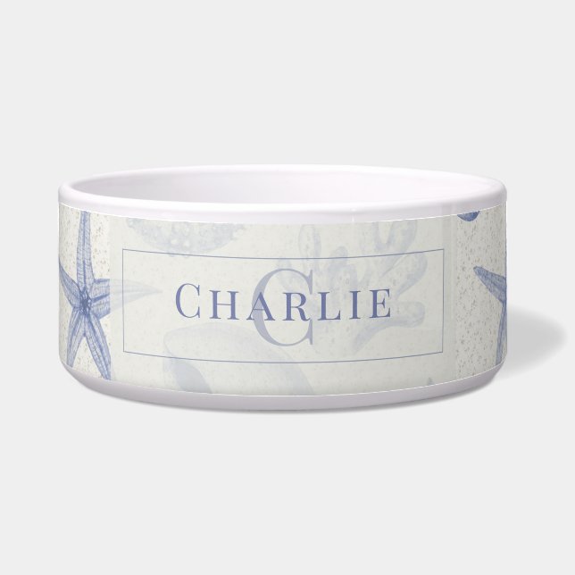 Coastal Seashell Sketch | Custom Monogram Dog Pet Bowl (Front)