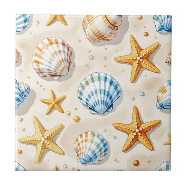 Coastal Seashell Starfish Beach Pattern Ceramic Tile (Front)
