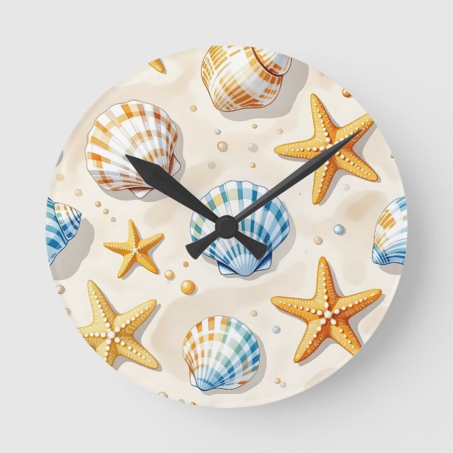 Coastal Seashell Starfish Beach Pattern Round Clock (Front)