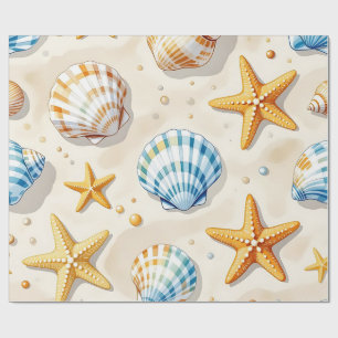 Coastal Seashell Starfish Beach Pattern Wrapping Paper
